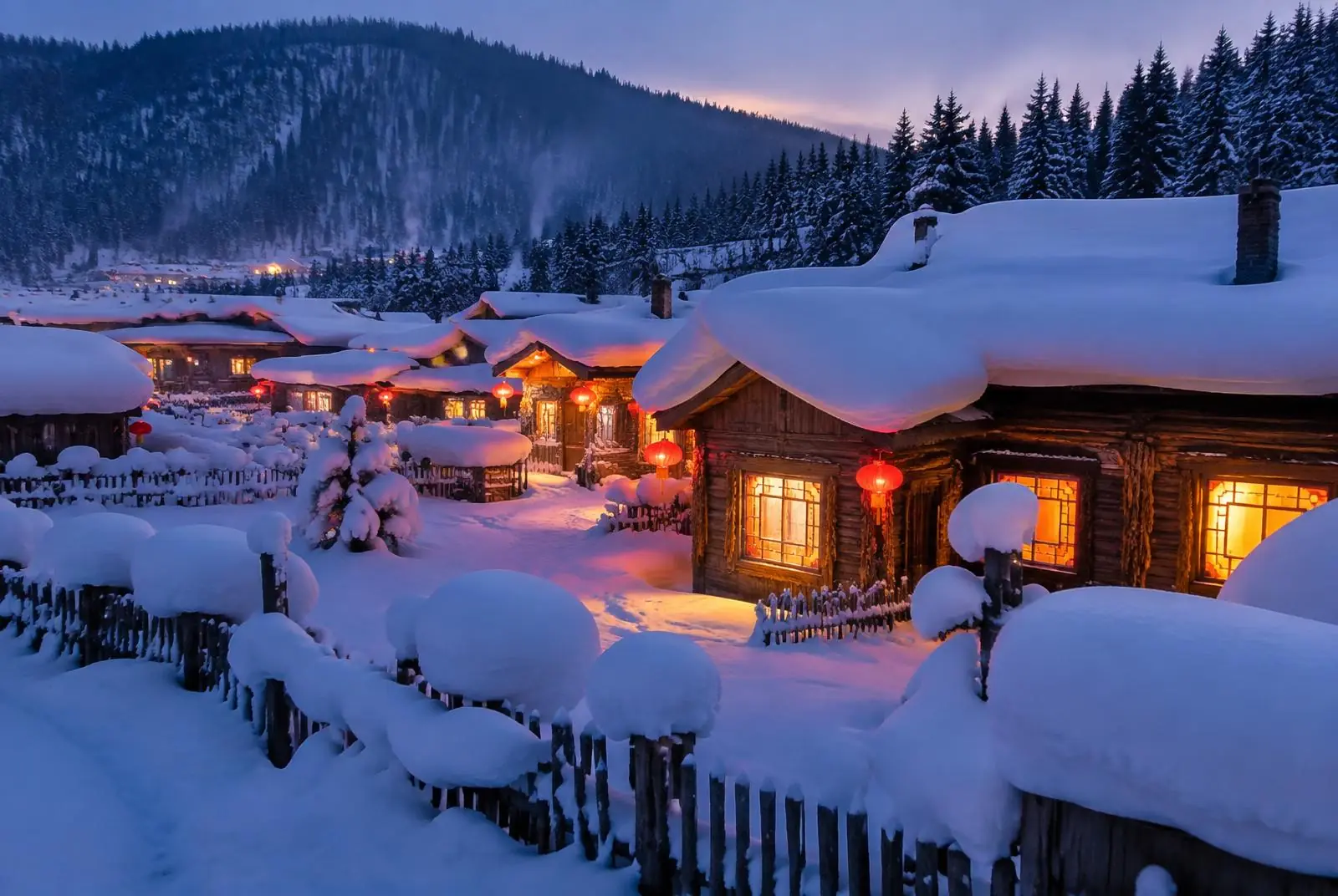 Rumah kayu bersalju di Snow Town, Harbin